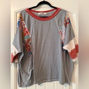 Blue Pinstripe Patchwork Sleeve Top with Rust Trim